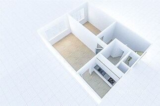 Půdorys bytu s parketovou podlahou a moderní kuchyní, velká okna pro světlé prostory, vhodný k rekonstrukci nebo modernizaci