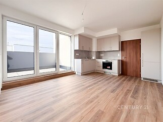 Prostorný obývací pokoj s moderní kuchyní, parketová podlaha, velká okna, světlý design, vestavěné skříně, novostavba.