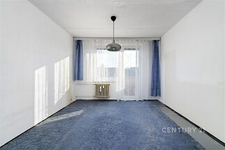 Prázdná světlá ložnice s modrým kobercem, velkými okny a bílými stěnami, ideální pro rekonstrukci nebo modernizaci prostoru.