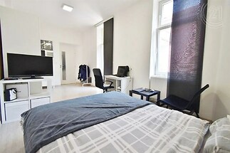 pokoj / ložnice s dřevěná podlaha, radiátor, televize, a přirozené světlo