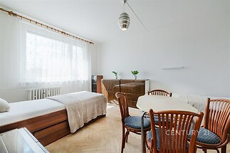 Světlý obývací pokoj s parketovou podlahou, velkým oknem a moderním nábytkem, elegantně zařízený ve světlém stylu.