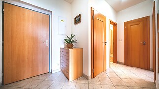 Vstupní hala s dlažbou, dřevěnými dveřmi a vestavěnou skříní vytváří moderní a praktický prostor.