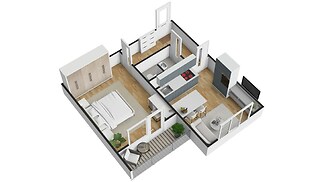 3D půdorys bytu s parketovou podlahou, světlou ložnicí s vestavěnými skříněmi, moderní kuchyní a obývacím pokojem propojeným s balkónem.