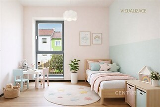 Dětský pokoj s parketovou podlahou, velkým oknem a moderním designem, zahrnující světlý nábytek s pastelovými barvami a dekorativními prvky.