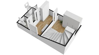 Půdorys bytu s parketovou podlahou, vestavěnými skříněmi a moderním schodištěm, nabízí funkční uspořádání a stylové vybavení.
