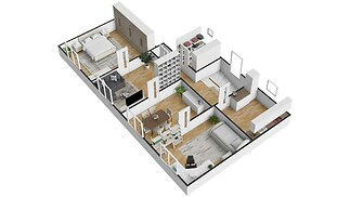 Půdorys bytu s moderní kuchyní, parketová podlaha a prostorná ložnice, světlý obývací pokoj s velkými okny, praktické uspořádání místností