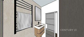 Moderní koupelna s elegantním umyvadlem, velkým zrcadlem a praktickým věšákem na ručníky, dlažba na stěnách, minimalistický designový styl