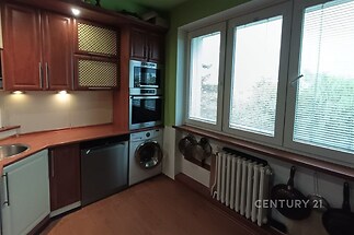 Kuchyň s dřevěnými skříněmi, vestavěnými spotřebiči a velkými okny, která propouští dostatek světla, parketová podlaha a moderní styl.