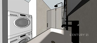 Moderní koupelna s pračkou a sušičkou, sprchovým koutem a minimalistickým umyvadlem, světlé stěny, moderní design, dobře osvětlená.