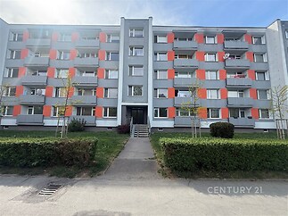 Čtyřpodlažní bytový dům s moderní fasádou, rekonstrukce, balkony, udržovaná zeleň před budovou, panelová výstavba, klidná lokalita