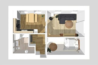 Půdorys bytu s moderním obývacím pokojem a jídelnou, parketová podlaha, světlý interiér, efektivní rozložení místností pro pohodlné bydlení.