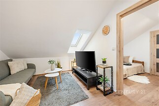 Podkrovní obývací pokoj s dřevěnou podlahou, velkým střešním oknem a moderním nábytkem, propojený s útulnou ložnicí.