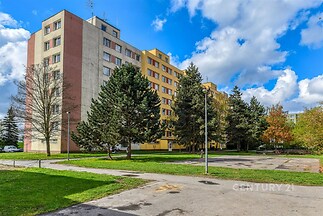 Výhled na zrekonstruovaný panelový dům s barevnou fasádou, obklopený upravenou zelení a chodníky, ideální pro rodinné bydlení.