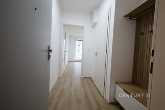 Vstupní hala s parketovou podlahou, moderní styl a vestavěné skříně, světlá a prostorná dispozice, ideální pro rodinné bydlení.