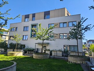 Moderní bytový dům s elegantní fasádou kombinuje světlou omítku a dřevěné obložení, obklopen upravenou zelení a klidnou městskou lokalitou.