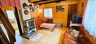 Útulný obývací pokoj s dřevěnými obklady, krbovými kamny a parketovou podlahou, nabízí rustikální atmosféru a tradiční design.