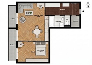 Plán bytu 2+kk 57 m2, 2 balkony.