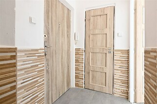 Vstupní hala s moderními dřevěnými dveřmi, světlou dlažbou a dekorativním obložením stěn. Pečlivě zrekonstruovaná pro útulný vzhled.