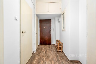 Vstupní hala s parketovou podlahou, vestavěnými úložnými prostory a bíle vymalovanými stěnami poskytuje moderní a příjemný styl.