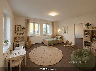 Dětský pokoj s kobercem a velkými okny, moderní design, světlý prostor.