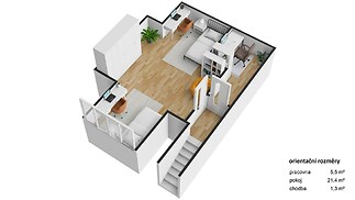 Pracovna s parketovou podlahou, moderním nábytkem a velkými okny nabízí světlý prostor.