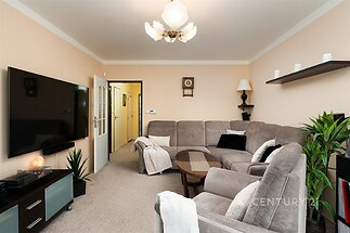 Prostorný obývací pokoj s moderním nábytkem, světlý interiér, koberec a velká TV, elegantní dekorace a pohodlná sedací souprava