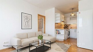 Světlý obývací pokoj s moderní kuchyní, parketová podlaha, velká okna, světlý interiér, minimalistický styl, vestavěné spotřebiče.