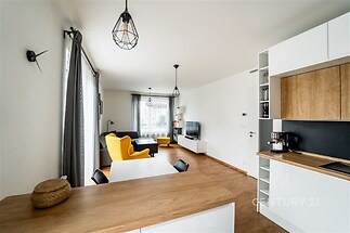 Světlý obývací pokoj s parketovou podlahou a moderním nábytkem, doplněný velkými okny a stylovým osvětlením, nabízí komfortní atmosféru