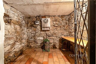 Sklepní místnost s kamennými zdmi a dlažbou, obsahuje dřevěný pracovní stůl a ventilaci, ideální pro uskladnění nebo dílnu.