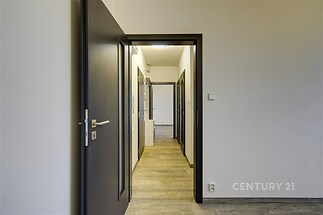 Úzká chodba s dřevěnou podlahou a moderními tmavými dveřmi nabízí výhled do přilehlých pokojů, prostorná a nově rekonstruovaná.