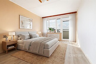 Světlá ložnice, moderní styl, parketová podlaha, velká okna s výhledem, světlé stěny, elegantní nábytek.