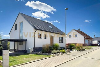 Moderní rodinný dům s černou střešní krytinou, světlou fasádou a upravenou zahradou. Disponuje boční terasou a přístřeškem pro auto.