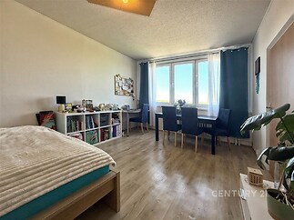 Světlý obývací pokoj s parketovou podlahou, velkými okny a moderním nábytkem, poskytující pohodlný prostor pro relaxaci a stolování.