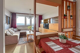 Světlý obývací pokoj s velkými okny a dřevěným nábytkem, oddělený od jídelny retro dekorativní stěnou.