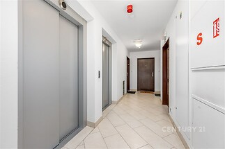 Chodba bytového domu s moderní dlažbou, světlými stěnami a dvojicí výtahů.