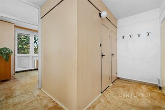 Vstupní chodba s vestavěnými skříněmi, světlé odstíny stěn, laminátová podlaha, okno s výhledem na zeleň, prostorný interiér.