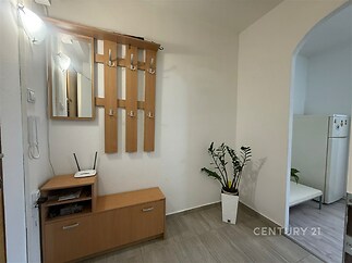 Chodba s dlažbou, vestavěná skříň a moderní dřevo, světlá výmalba, vstup do kuchyně, dekorativní rostlina, zrcadlo na stěně.