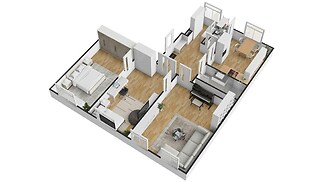 Půdorys bytu s moderní dispozicí, parketová podlaha, světlé pokoje, vestavěné skříně a prostorná obývací část s jídelním koutem.