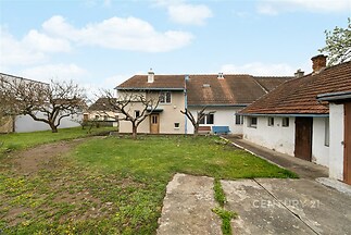 Zahrada u rodinného domu s travnatou plochou, ovocnými stromy a betonovou terasou, vhodná pro relaxaci a aktivity na čerstvém vzduchu.