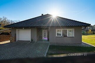 Moderní rodinný dům s dlažbou na příjezdové cestě, šedou fasádou a velkými okny. Dům je nově postavený s prostornou zahradou.