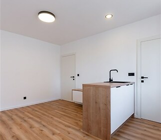 Světlý obývací pokoj s moderní kuchyňskou linkou, dřevěnou podlahou a minimalistickým designem.