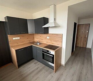 Moderní kuchyň s laminátovou podlahou, tmavými skříňkami a dřevěným obkladem. Vybavená sporákem a digestoří, moderní design.