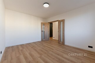 Prázdný pokoj s parketovou podlahou a dřevěnými dveřmi, světlý interiér, moderní povrchové úpravy.