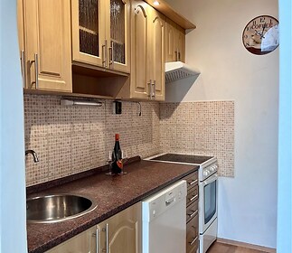 Kompaktní kuchyň s dřevěnými skříňkami, moderními spotřebiči a parketovou podlahou poskytuje praktický prostor pro vaření.