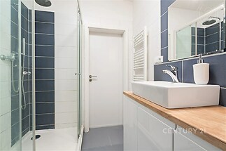 vana s zrcadlo, radiátor, skříňka pod dřez, a sprcha