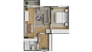 Půdorys bytu s parketovou podlahou, prostorný obývací pokoj s velkými okny, moderní kuchyň s jídelním koutem, světlá ložnice s vestavěnými skříněmi.