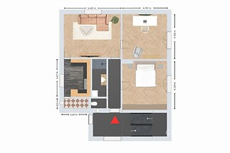 Půdorys bytu s parketovou podlahou, moderním obývacím pokojem, velkými okny a prostornou ložnicí v designu rekonstrukce.