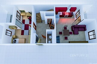 Půdorys moderního bytu s parketovou podlahou, světlá kuchyň s červenými skříňkami, prostorný obývací pokoj a ložnice s vestavěnou skříní.