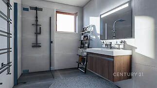 Moderní koupelna s elegantní dlažbou, prostorným sprchovým koutem a designovým umyvadlem, která nabízí světlý interiér díky velkému oknu.