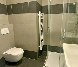 Moderní koupelna s dlažbou, sprchovým koutem a závěsnou toaletou, doplněná o praktický otopný žebřík v elegantním designu.